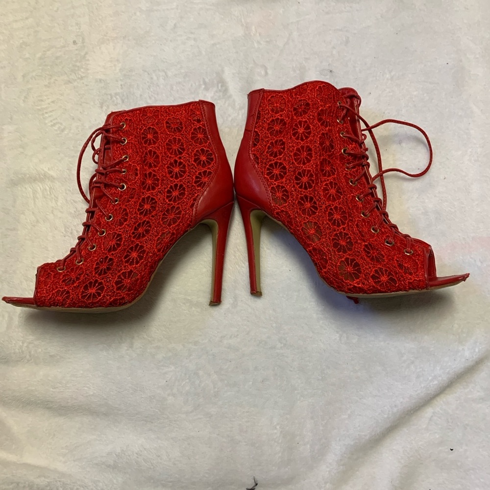 Women’s Red Laced Ankle Bootie Stiletto High Heel
